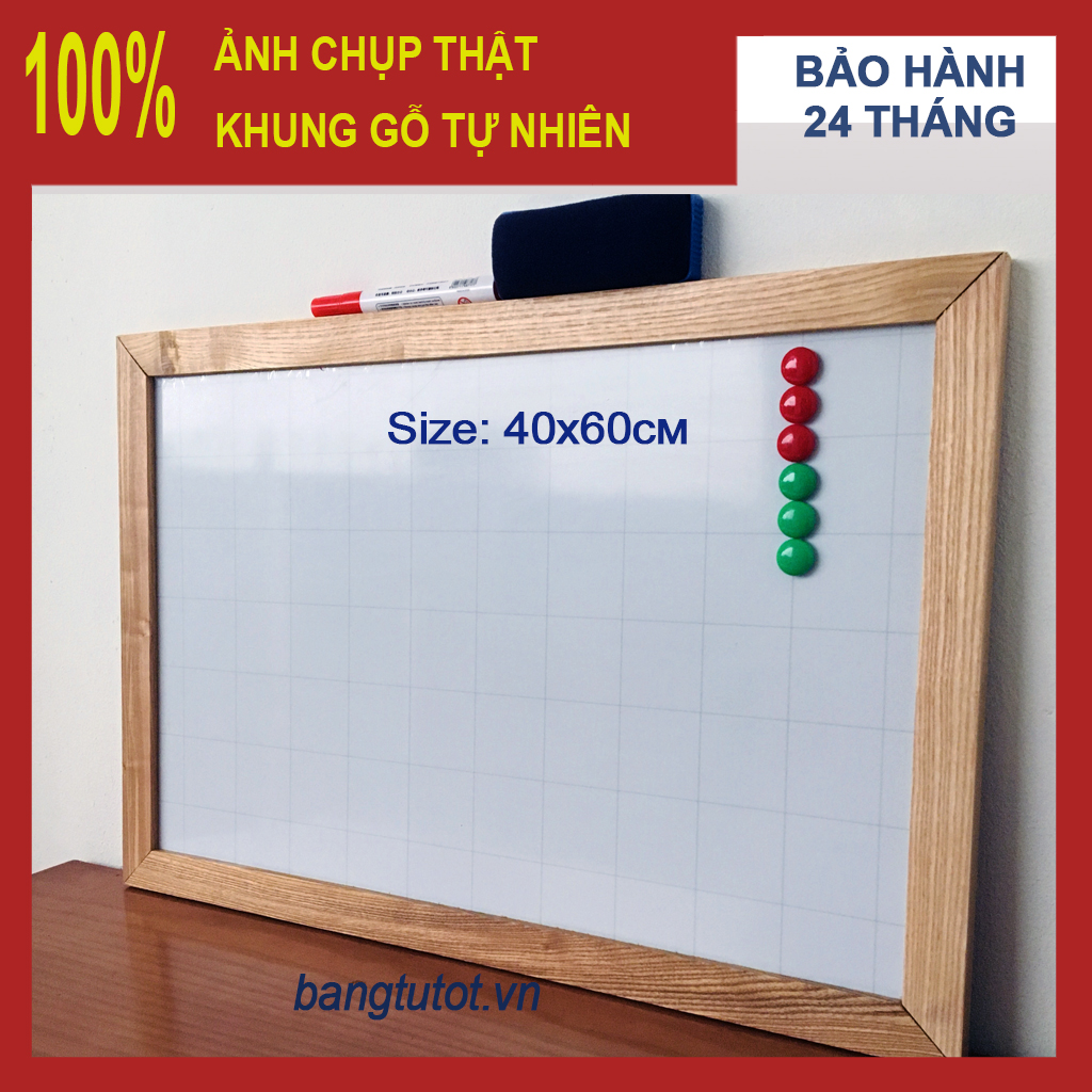Bảng từ trắng viết bút lông khung gỗ sồi 60x40cm tặng bông lau, nam châm, bút viết bảng.
