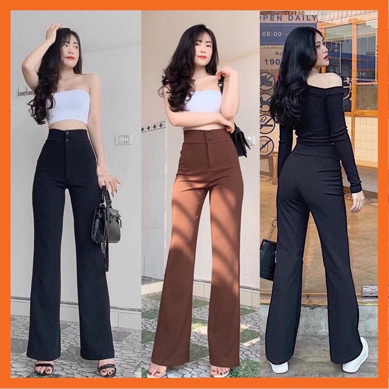 Quần xuông ống rộng dài cạp cao 2 cúc - quần ống xuông loe cạp cao ống đứng nữ cao cấp
