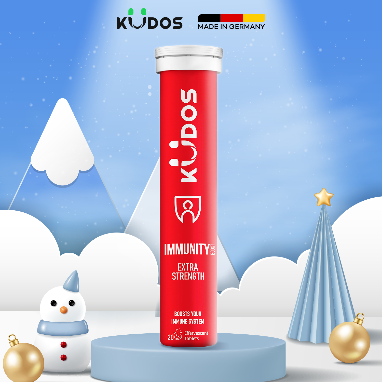 Viên sủi KUDOS IMMUNITY bổ sung Vitamin (C,D3,E,Kẽm, Selen) hỗ trợ gấp đôi đề kháng, hệ miễn dịch khỏe (20 viên/ tuýp)