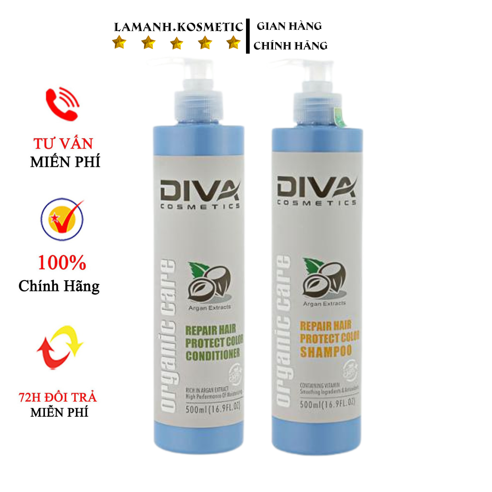 Dầu gội Diva Xanh phục hồi tóc hư tổn khô sơ kiềm dầu sạch gàu, cặp gội xả chính hãng 500ml – 750ml