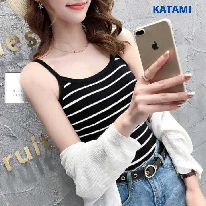 Áo hai dây sọc ngang nữ dáng ôm thun lụa kẻ nhiều màu chất vải co giãn mát mẻ cho mùa hè AD02