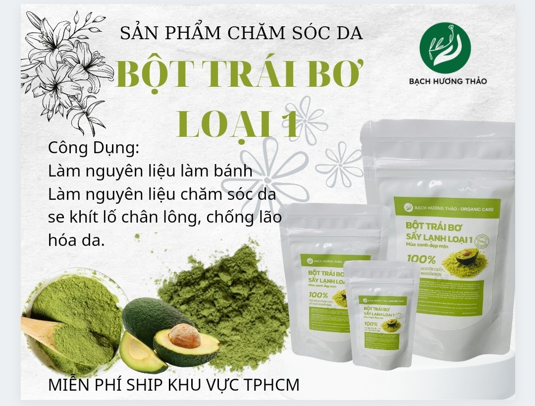 Bột trái bơ sấy lạnh loại 1, màu xanh mịn đẹp, bạch hương thảo, bột đắp mặt nạ