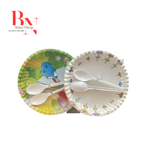 Dĩa giấy in hình 16cm kèm muỗng- 10 cái