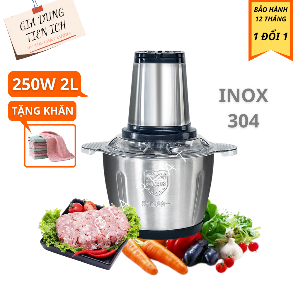 Máy Xay Thịt Cối Inox 304 + Tặng kèm 1 khăn lau nhà bếp, Máy Xay thịt bằng điện không rỉ, dung tích lớn, công suất lớn, nhiều chế độ xay, chống vỡ bền bỉ, máy xay rau củ, cá, tỏi ớt đa năng công suất lớn