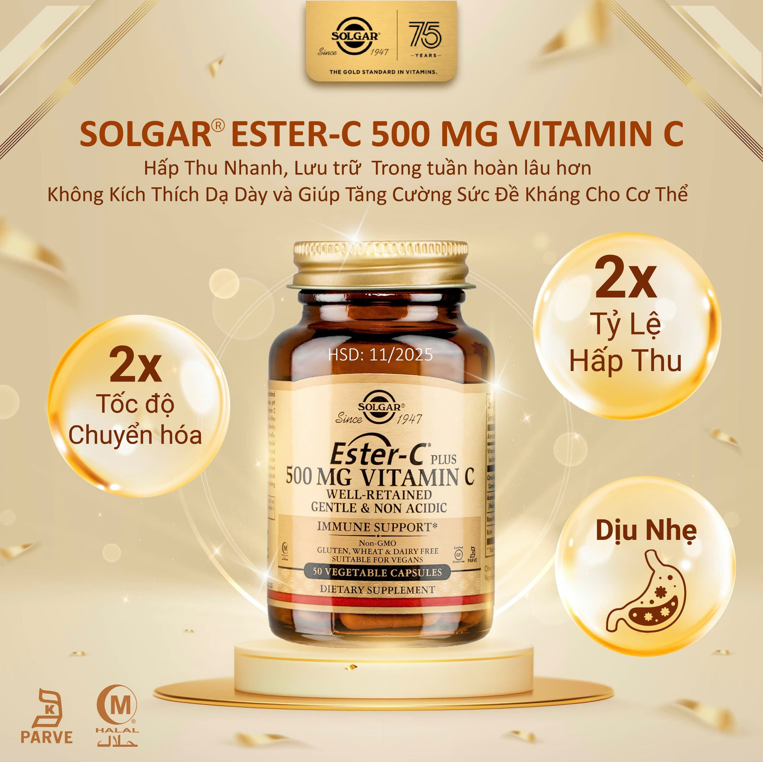 Viên Uống Solgar Ester-C® Plus -Vitamin C Thế Hệ Mới, Không Kích Ứng Dạ Dày, Hấp Thu Nhanh [50 viên - HSD: 08/2025]