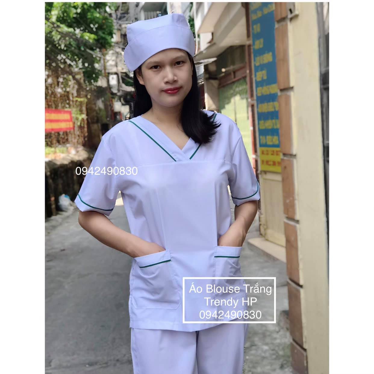 Bộ quần áo Blouse cổ tim trắng viền xanh Lá cho điều dưỡng, dược sỹ, y tá, thẩm mỹ viện
