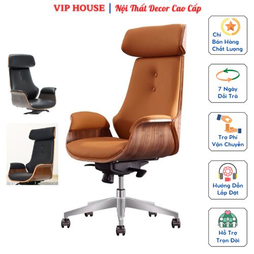 Ghế Giám Đốc Lưng Gỗ Nệm Da Cao Cấp Ngả Lưng Thư Giãn, Ghế Xoay Lãnh Đạo Sang Trọng Khí Chất, Ghế Làm Việc Nâng Hạ Di Chuyển Tiện Lợi Lưng Cao Màu Đen Nâu GHP046