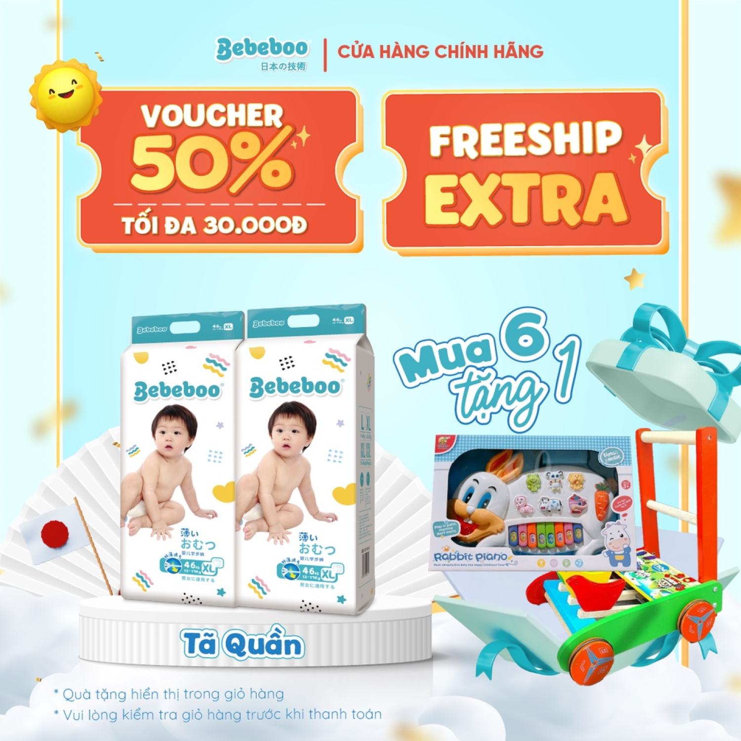 Combo 6 bịch Tã Bỉm QUẦN Bebeboo Nhật Bản size NB80 S70 M60 L50 - BẤM MUA