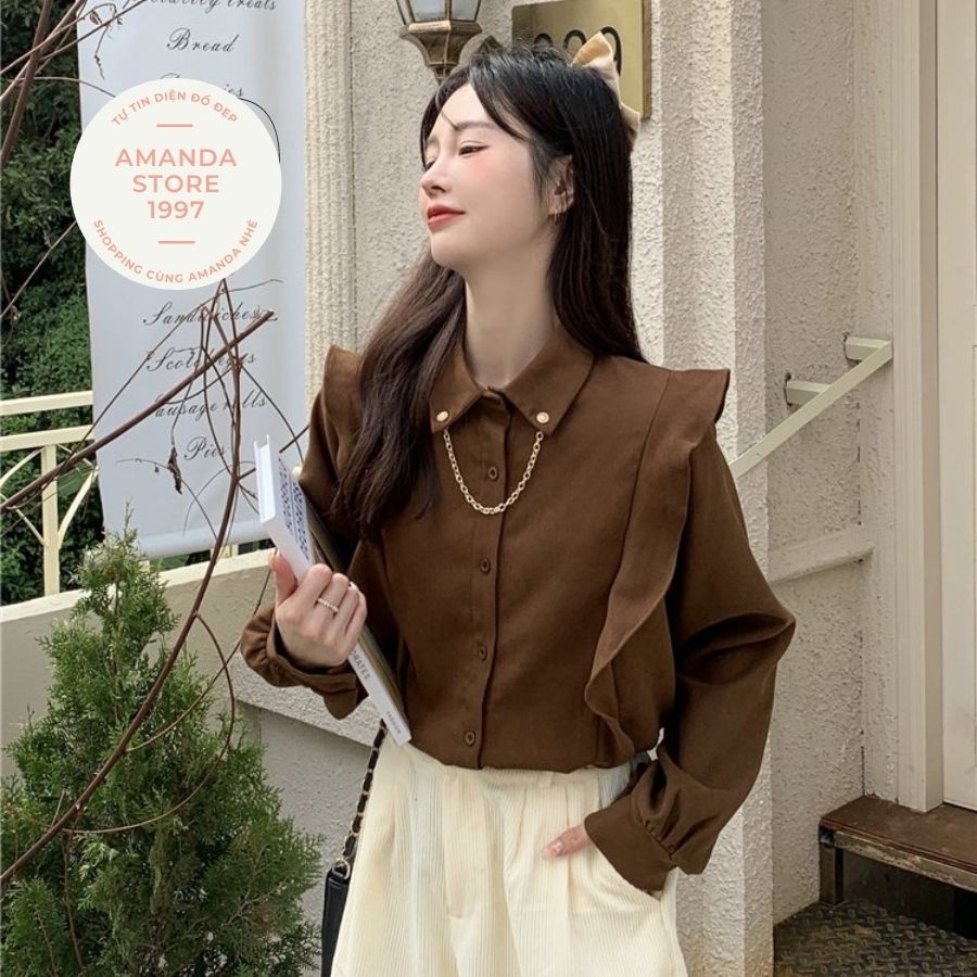 Áo sơ mi nữ phối phụ kiện dây sang chảnh chất nhung lì ấm. Áo sơ mi babydoll dài tay bồng nhiều màu phối bèo điệu