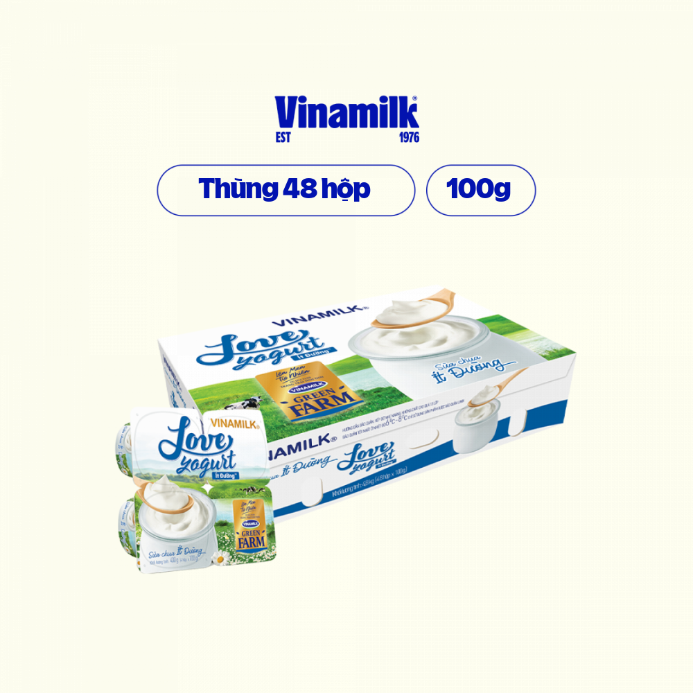 Thùng 24 hộp Sữa chua ăn Vinamilk Love Yogurt Green Farm Ít Đường Hộp 100g