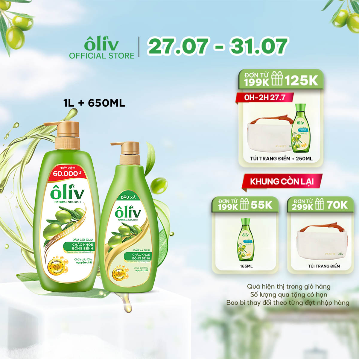 Combo dầu gội ôliv chắc khỏe bồng bềnh 1l + dầu xả ôliv chắc khỏe bồng bềnh 650ml
