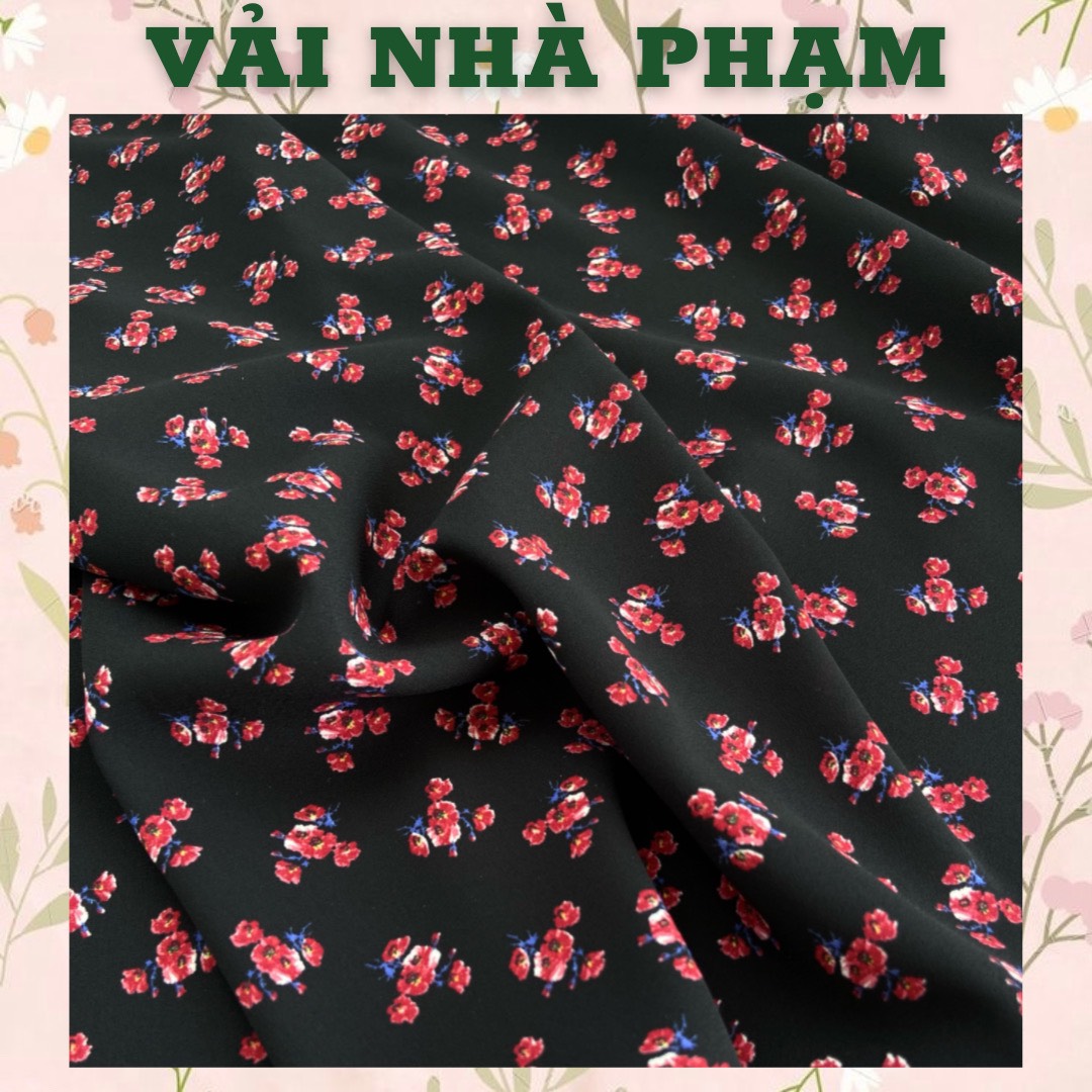 Lụa cát hoa nhí đỏ nền đen-khổ 1.5m-vải nhà phạm