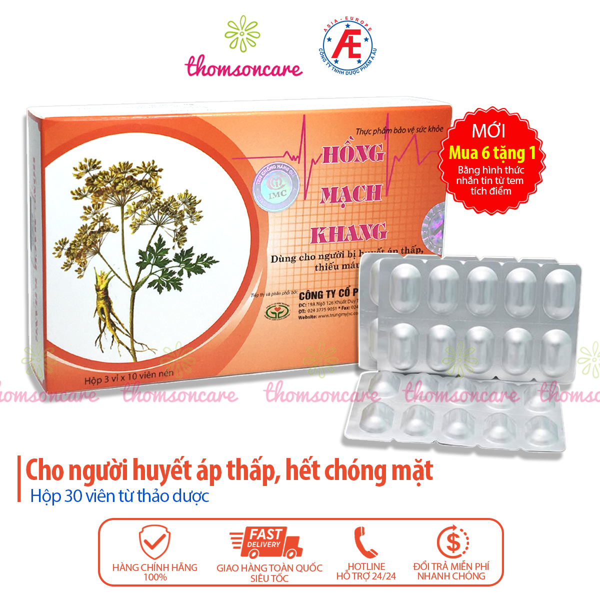 Hồng Mạch Khang - Mua 6 tặng 1 bằng tem tích điểm - cho người huyết áp thấp, giảm chóng mặt, đau đầu