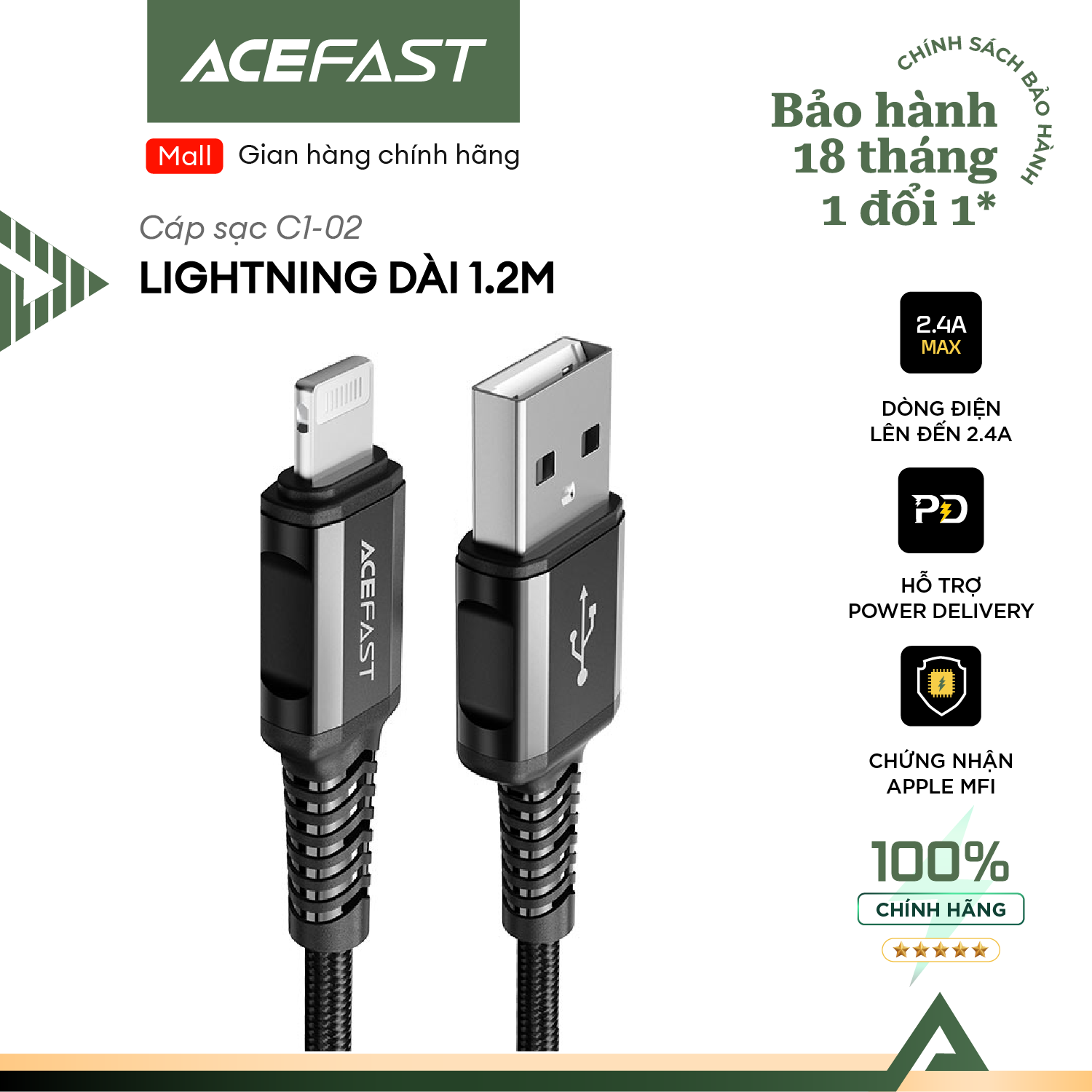 Cáp sạc acefast usb-a to lightning dài 1.2m chống rối hỗ trợ sạc nhanh - c1-02 hàng chính hãng