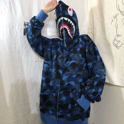 Áo khoác cá mập bape áo hoodie Cặp nam nữ có dây kéo unisexhàn màu lam