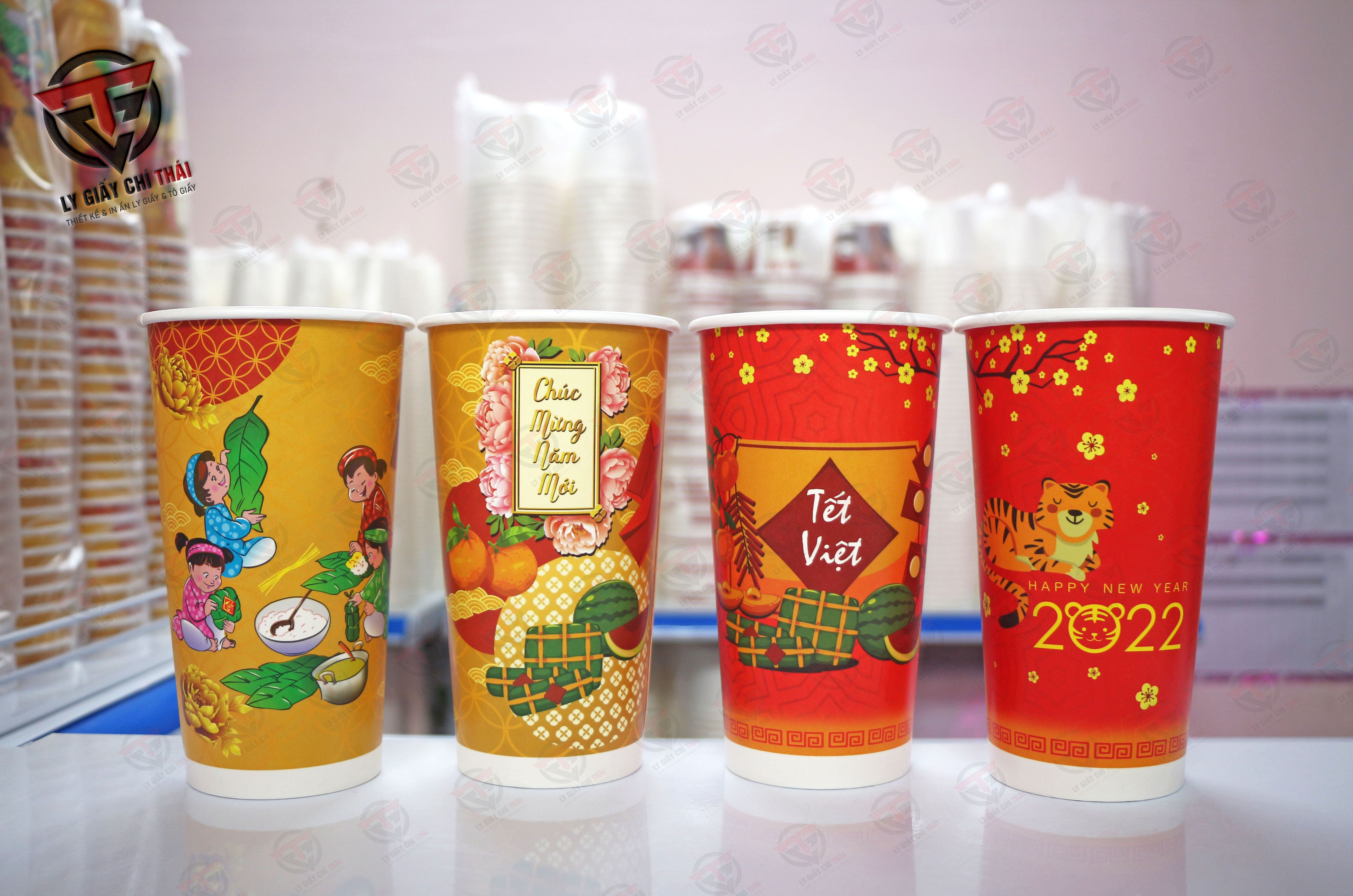 Set 100c ly giấy tết, năm mới 22oz 660ml siêu đẹp, happy new year dành cho cafe take away, trà sữa, trang trí..