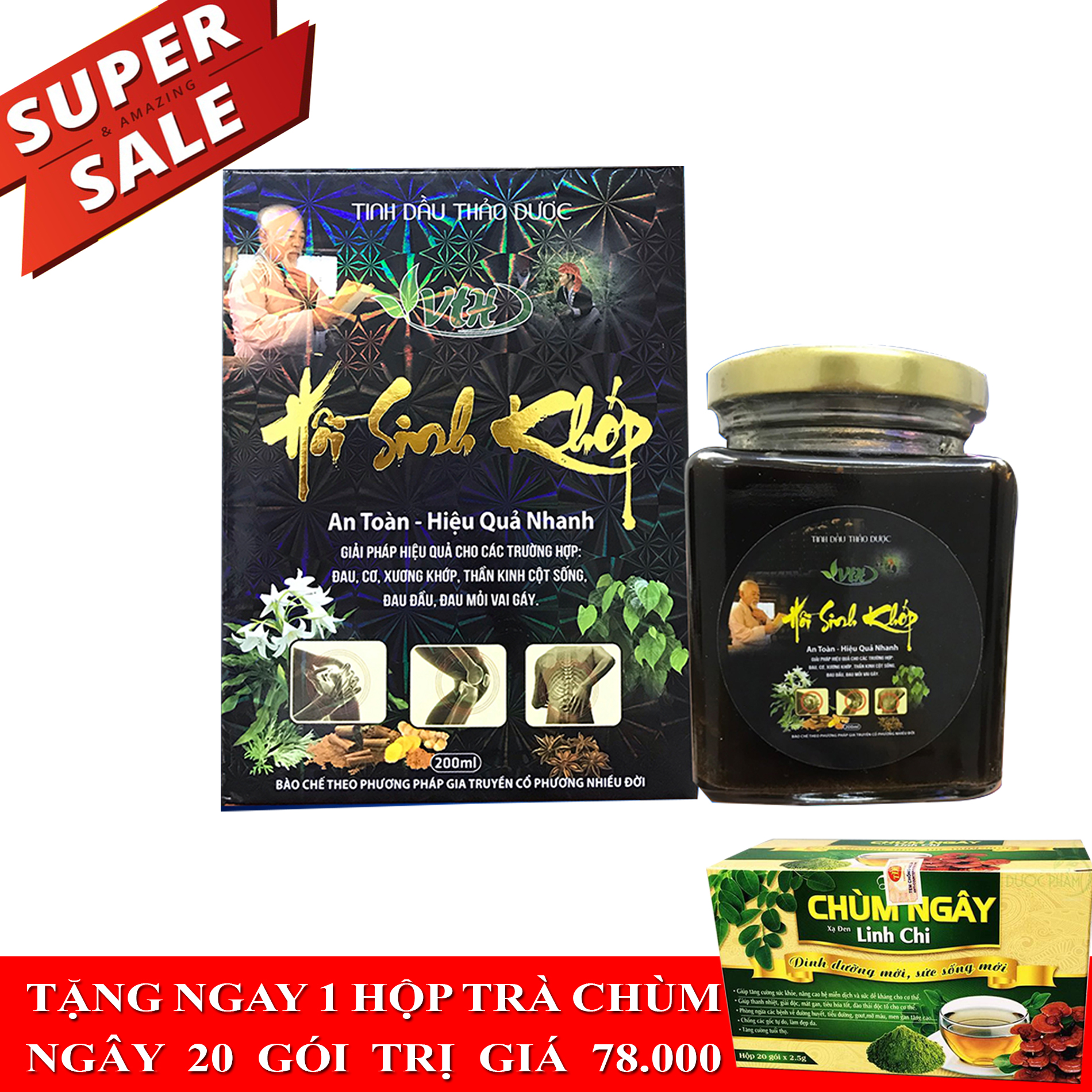 Tinh dầu xoa bóp 200ml Tặng 1 Hộp Trà Chùm Ngây 20 Gói