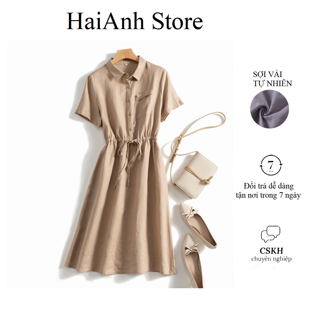 Đầm linen suông dáng dài, Đầm sơ mi nữ ngắn tay kèm dây thắt eo nhiều màu lựa chọn Da75