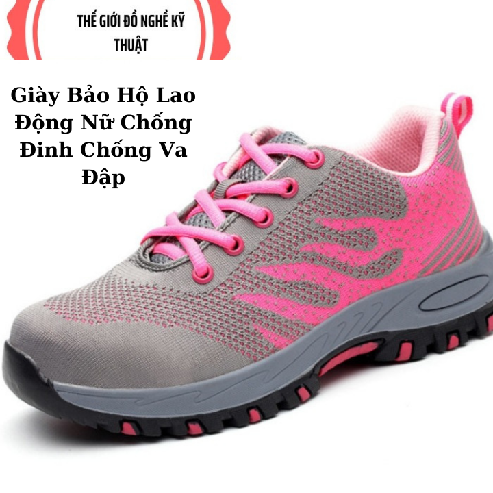 Giày Bảo Hộ Lao Động Nữ Thể Thao Siêu Bền Siêu Nhẹ Chống Đinh Thời Trang Màu Hồng chống đinh chống va đập và chống tĩện