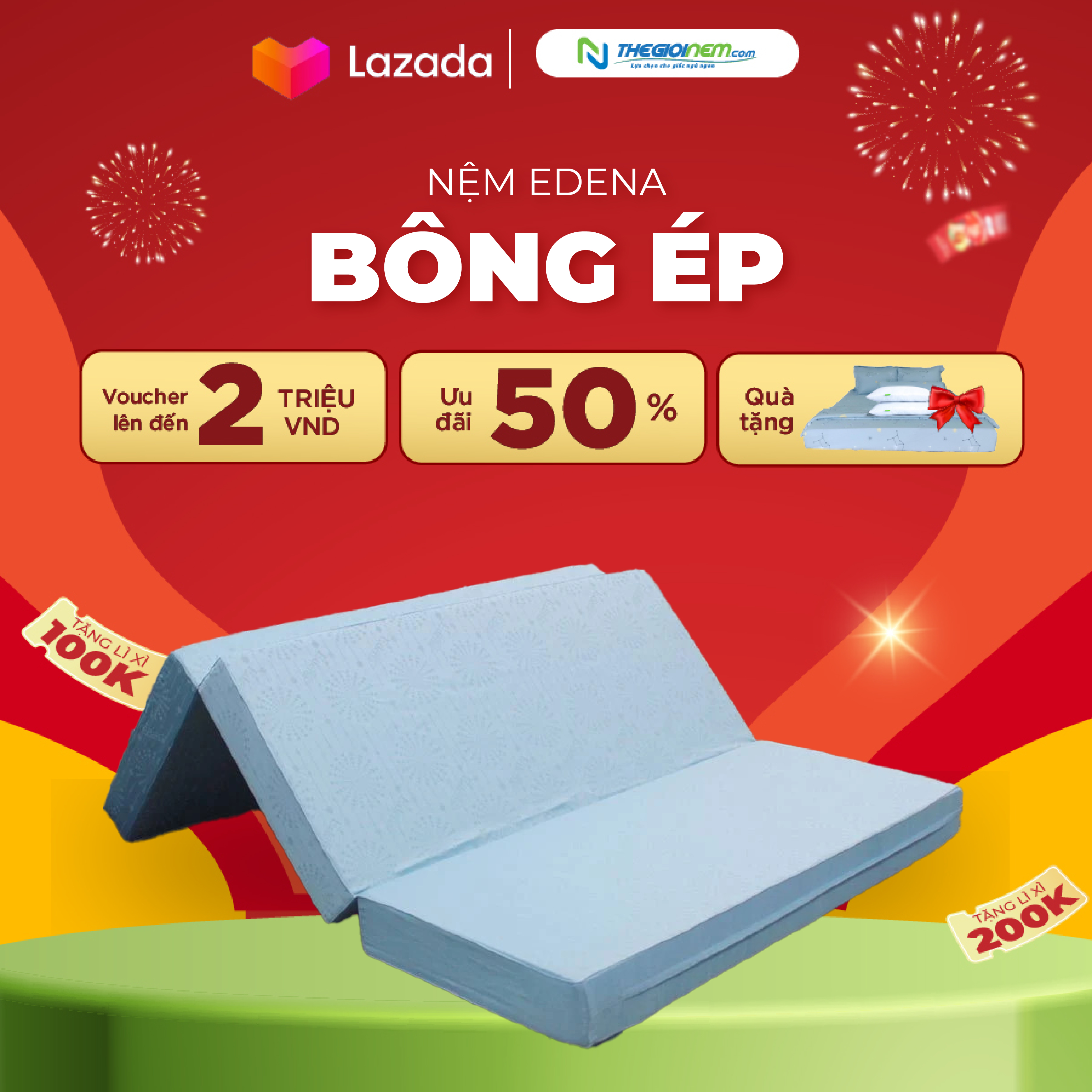 Nệm bông ép gấp 3 Edena 180 x 198 x 9cm-Bảo hành 5 năm.
