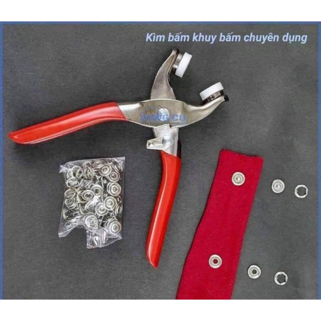 kìm bấm cúc vành sử dụng bấm cúc vành may body em bé hoặc may sơmi. Tặng kèm 10 cúc bấm thử