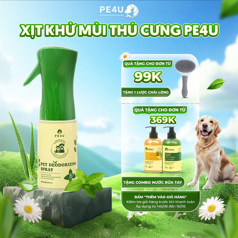 Xịt Khử Mùi Chó Mèo PE4U Khử Mùi Hôi Chó Mèo, Mùi Nước Tiểu, Chậu Cát, Khử Khuẩn - Mùi Bạc Hà 200ml