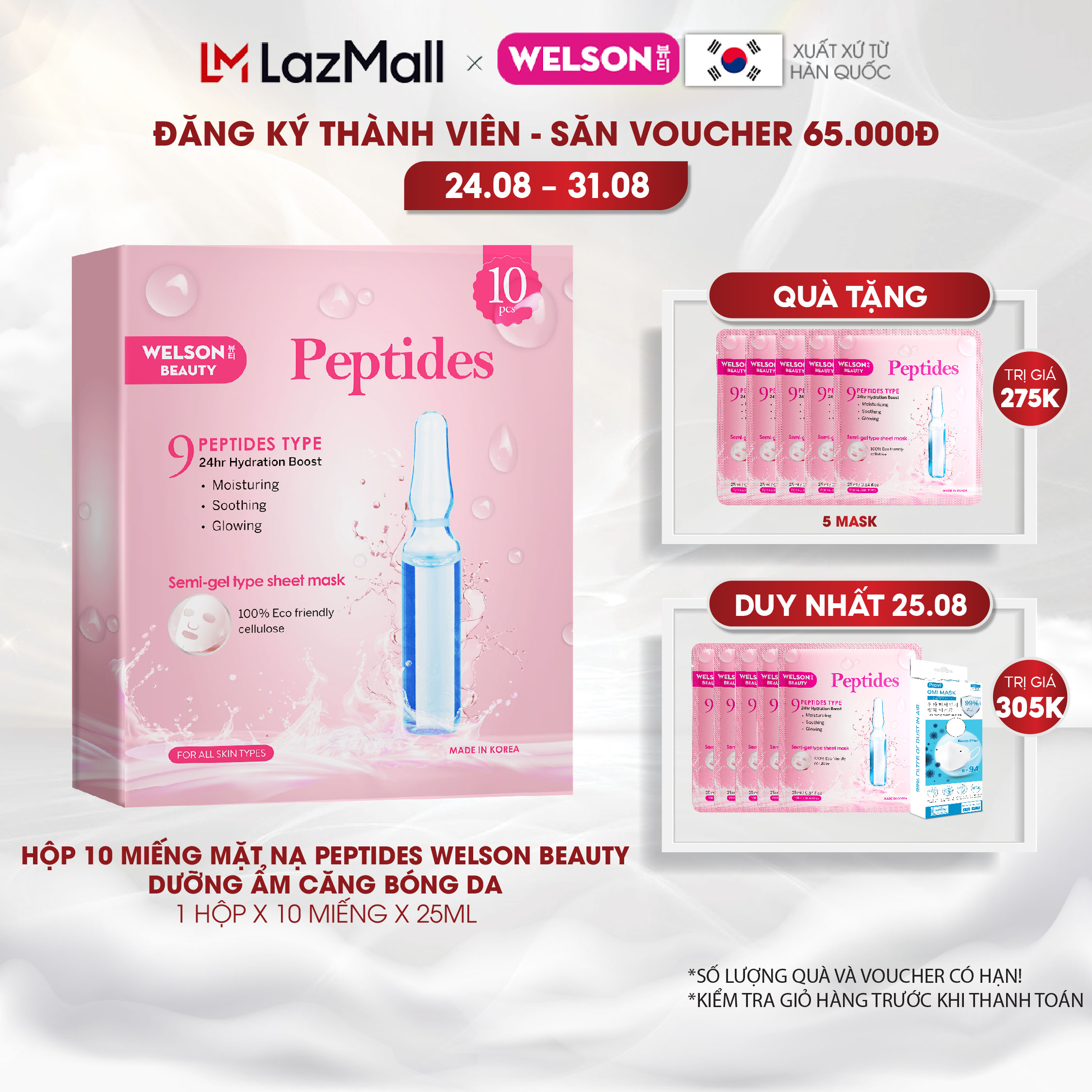 Mặt Nạ Hàn Quốc Dưỡng Ẩm Phục Hồi Da Welson Beauty Peptides 10 miếng