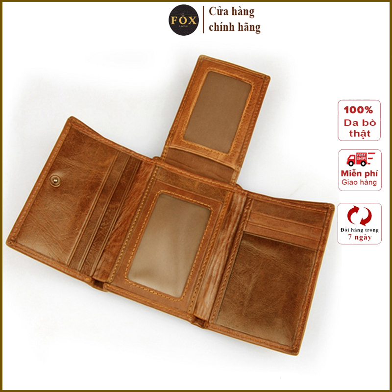 Ví nam Fox Leather, bóp nam gấp 3 nhỏ gọn, ví da nam da bò thật nhiều ngăn đựng tiền đựng thẻ, bóp da nam cao cấp bảo hàng 12 tháng