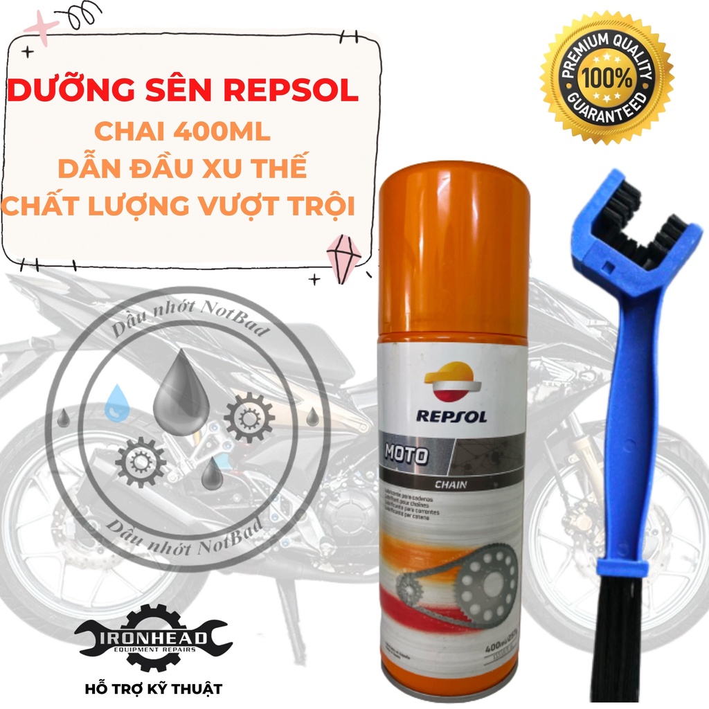 Chai xịt dưỡng sên Repsol moto chain lube 400ml. dưỡng sên xích repsol tặng bàn chải 3D
