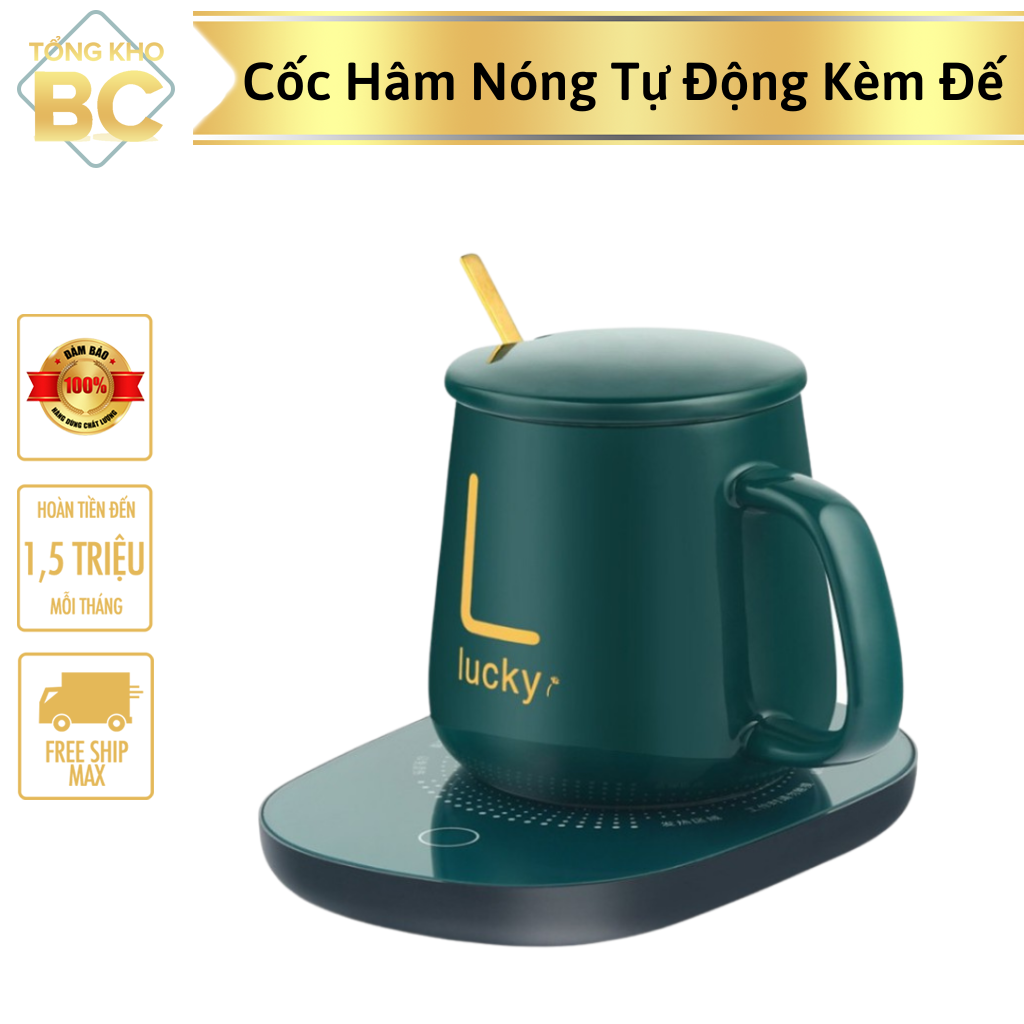 Cốc hâm nóng nước kèm đế điện dùng hâm sữa cà phê hâm trà tiện dụng, cốc hâm nóng bằng sứ sang chảnh tặng kèm thìa vàng
