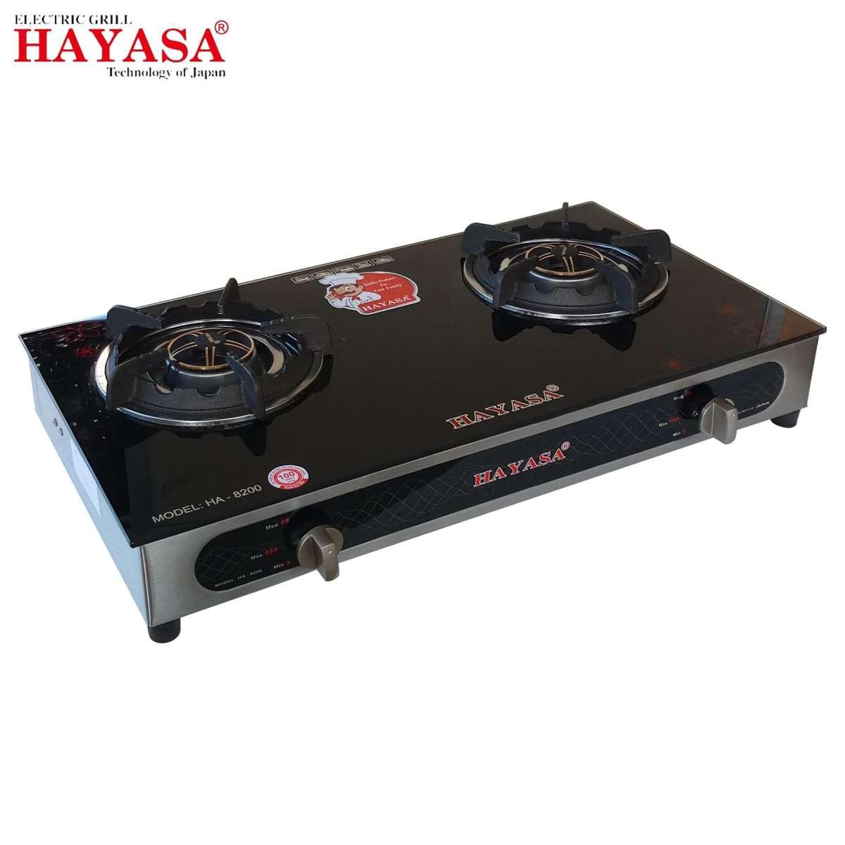 Bếp gas đôi cao cấp hayasa ha-8200 họng hộp inox 304, kiềng gang, mũ đồng hayasa