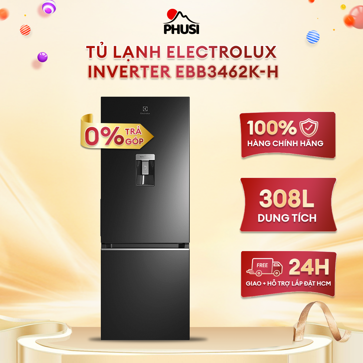 [Giao lắp HCM] Tủ lạnh Electrolux Inverter 308 lít EBB3462K-H - Ngăn đông mềm TasteSeal -2°C không cần rã đông, Ngăn rau củ TasteLock Auto