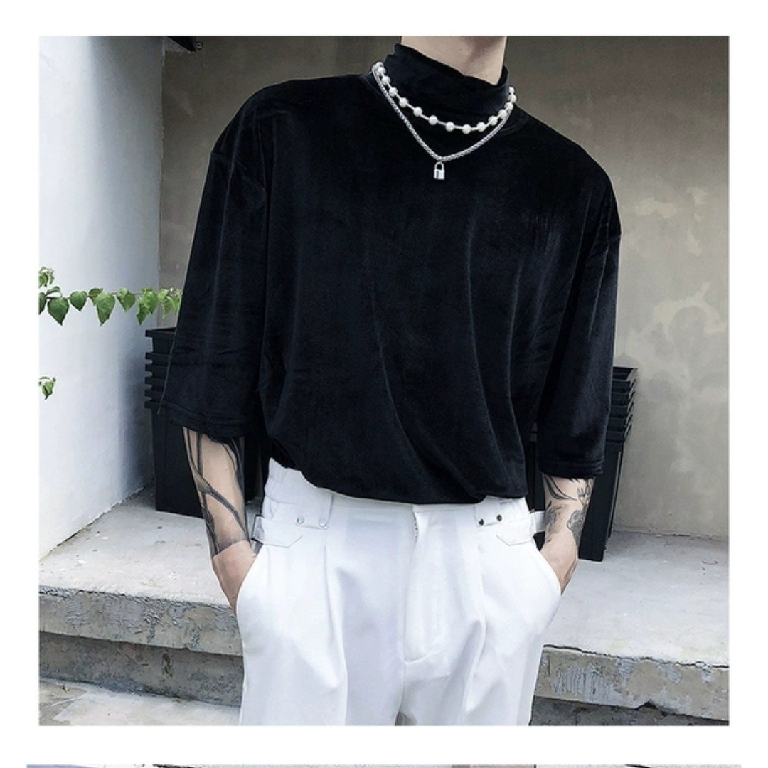 [HCM]Áo thun overtee nhung cổ lọ cao form rộng tay ngắn phong cách unisex nam nữ - Lay Unisex