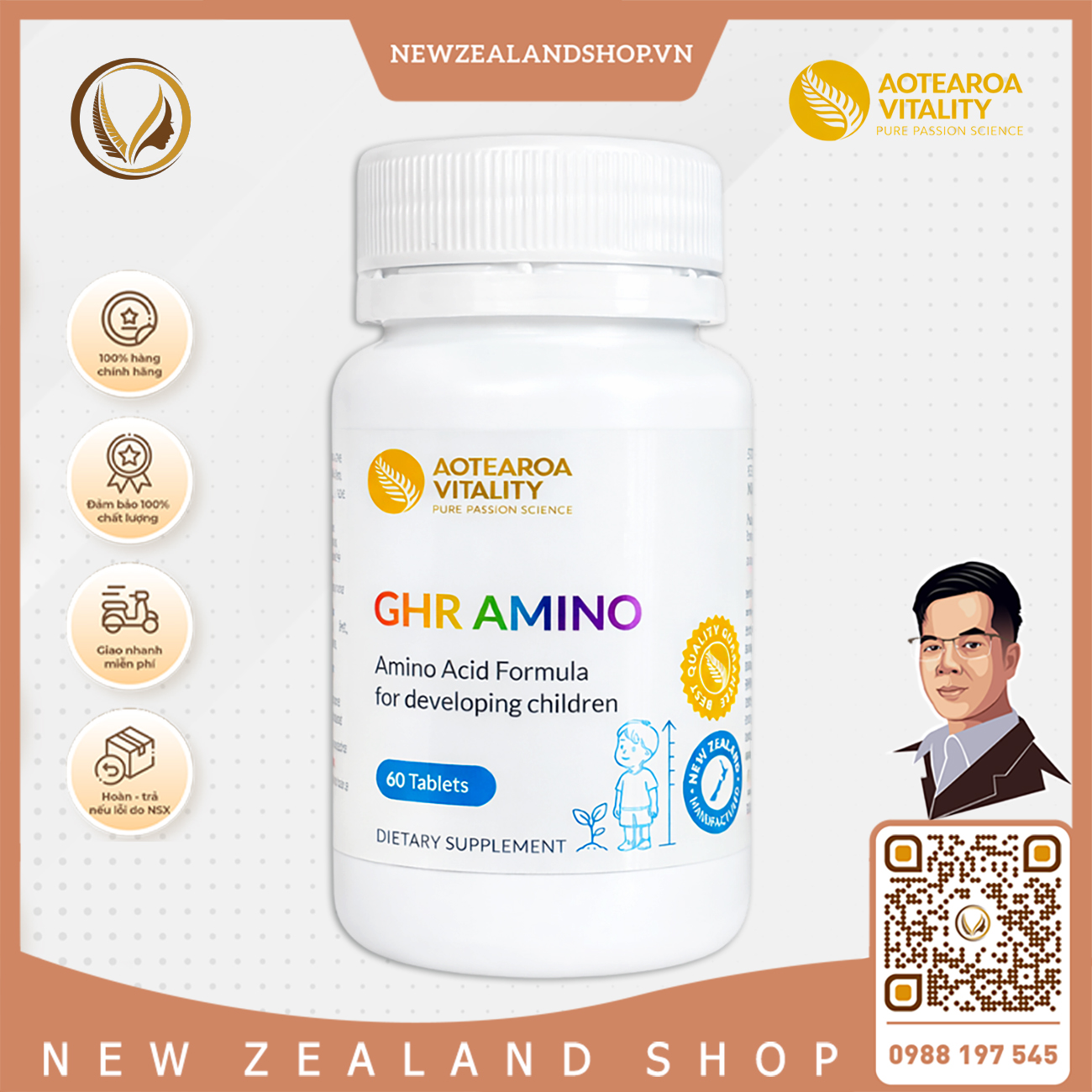 Viên uống giúp bé ăn khỏe ngủ ngon, phát triển chiều cao Aotearoa Vitality GHR Amino 60 viên