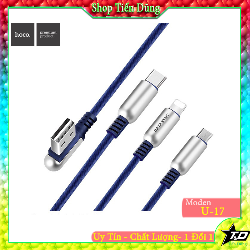 Cáp sạc hoco u17 3 in 1 sạc nhanh 2.4a đầu usb chữ l chống gẫy, dây bện dù chống gập, dài 1.5m
