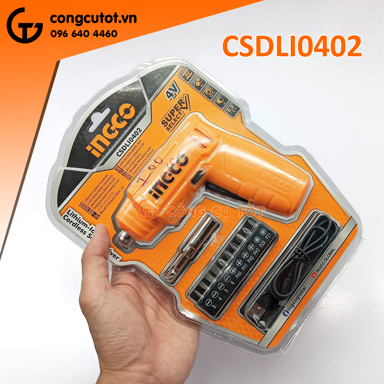 Máy bắn vít cầm tay ingco csdli0402 tặng kèm 10 mũi siết vít 25mm, 1 mũi từ, 1 dây sạc usb