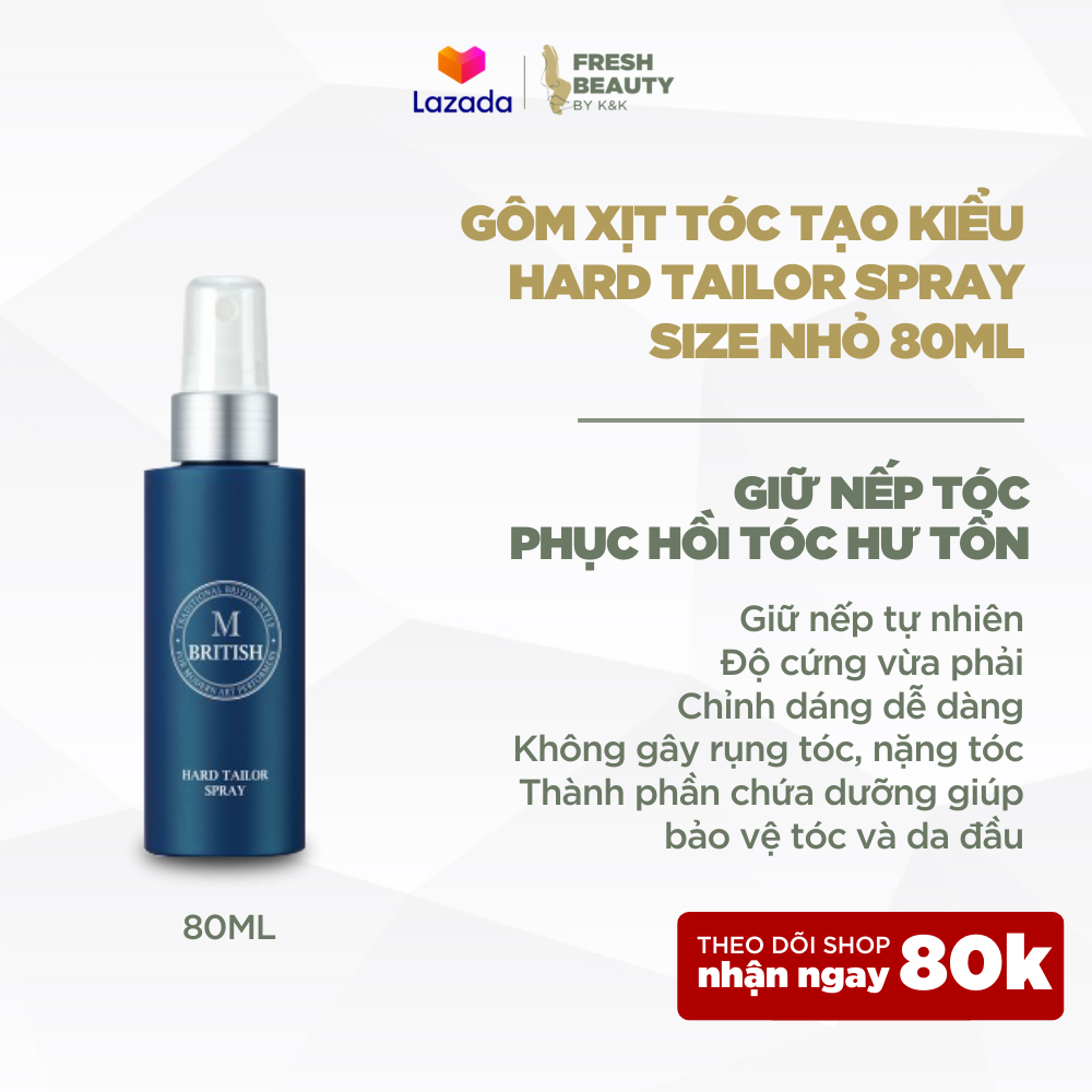 Gôm xịt tóc nam nữ BRITISH M Hard Tailor Spray tạo kiểu giữ nếp, không nặng tóc, dễ dàng đổi kiểu 80ml
