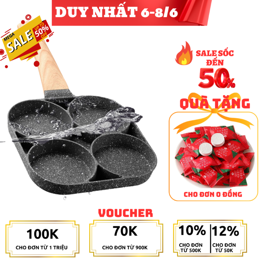 Chảo chiên trứng 4 ngăn chống dính đa năng - chảo vân đá chiên rán làm bánh 4 ngăn 4 lỗ chống dính