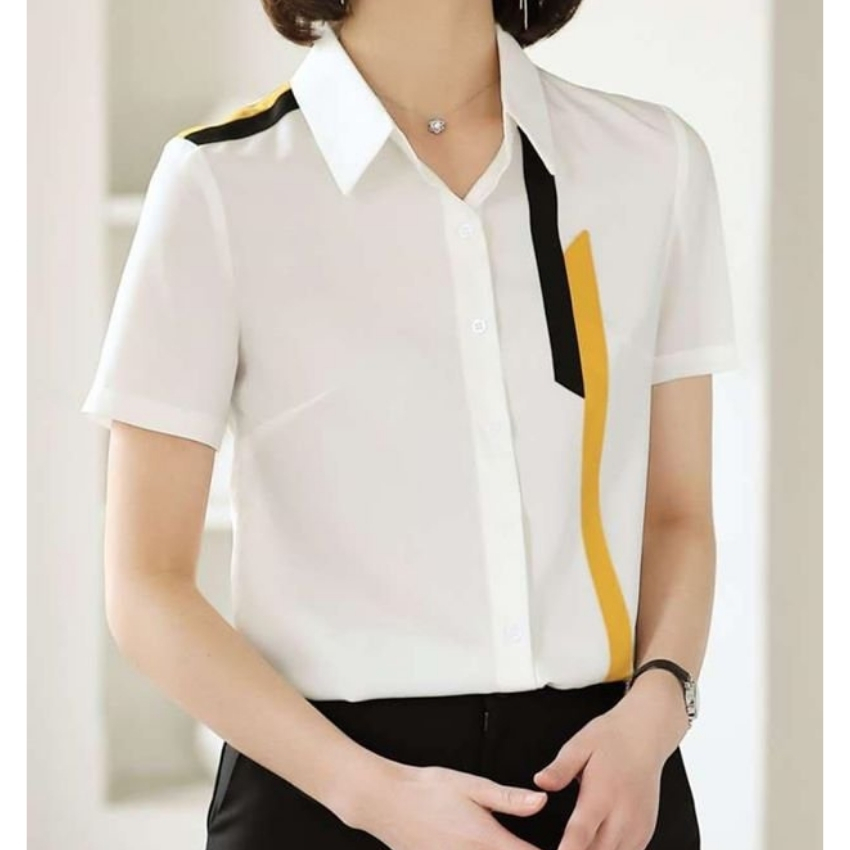 [HCM]Áo sơ mi nữ ngắn tay viền vàng Mẫu RK442 Thời trang NGÂN HÀNG MẮT KÍNH ĐBP Phong cách công sở nữ tính thanh lịch