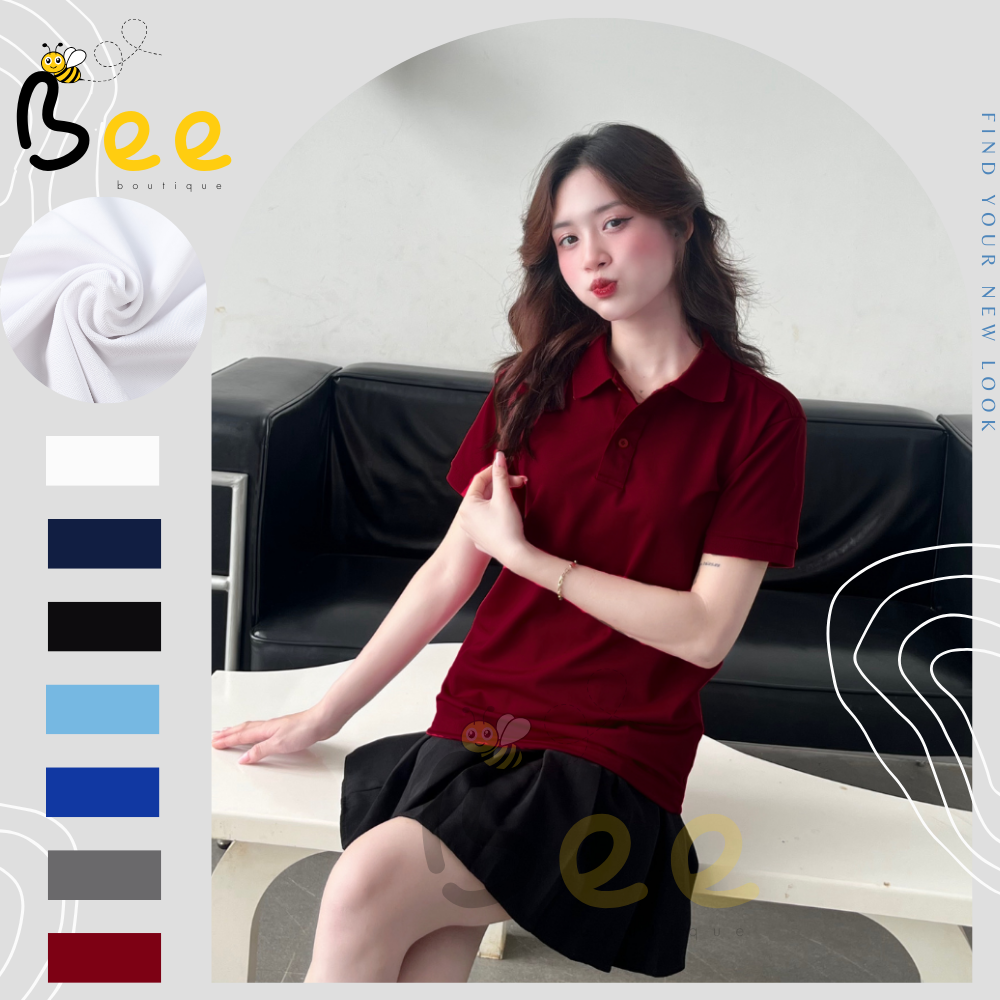 Áo thun nữ POLO BEE cổ trụ tay ngắn basic màu đỏ đô trơn cá tính vải cá sấu cao cấp thoáng mát công sở