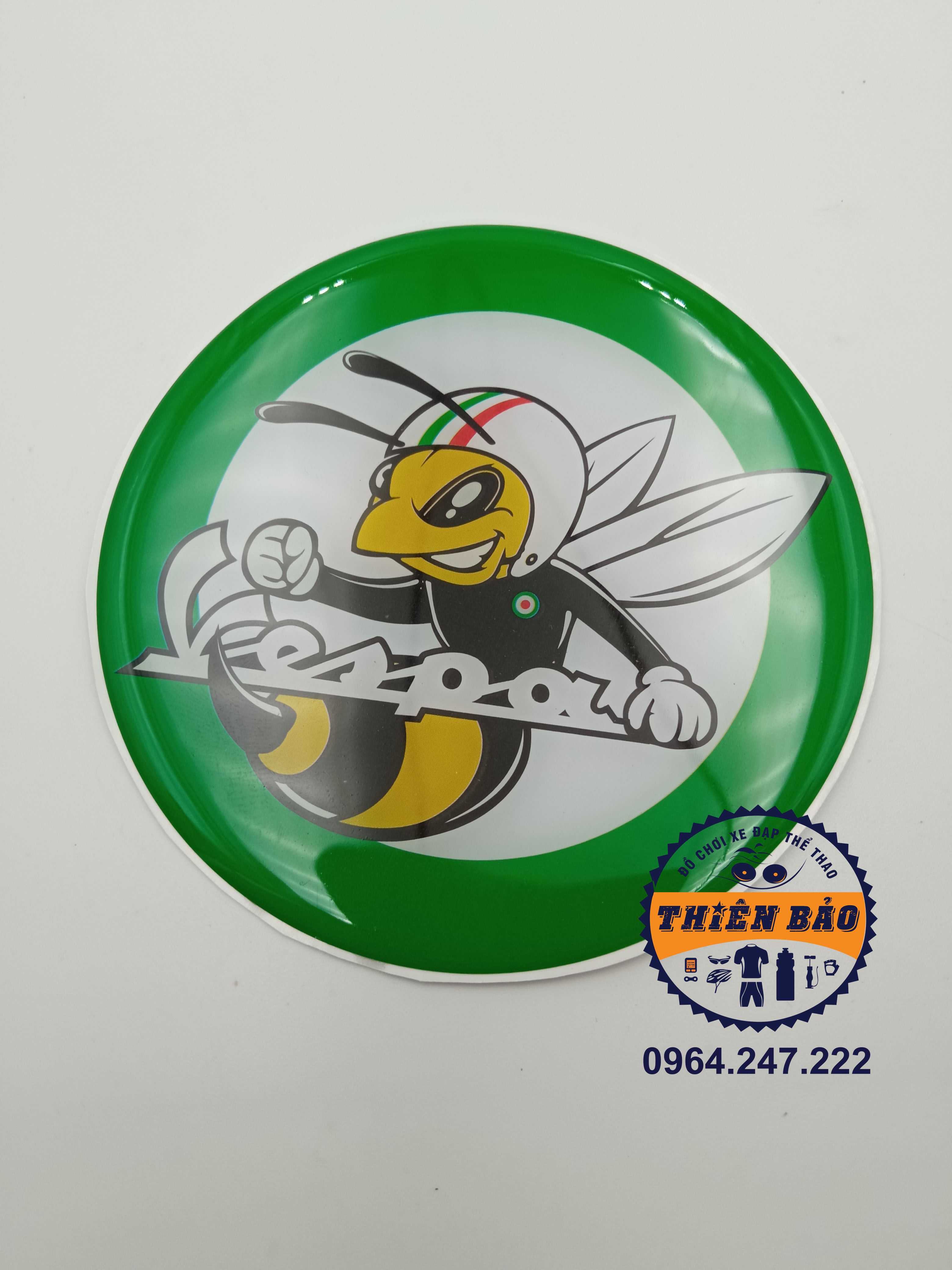 Tem dán xe tem máy Vespa tròn ong Decal dán Vespa đẹp, sticker nền trắng viền xanh #100