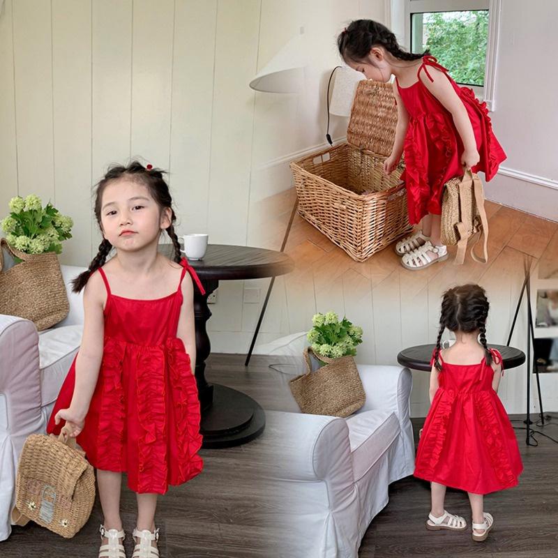 Váy 2 dây đỏ chất liệu thô mềm chạy bèo siêu xinh cho bé 9-25kg