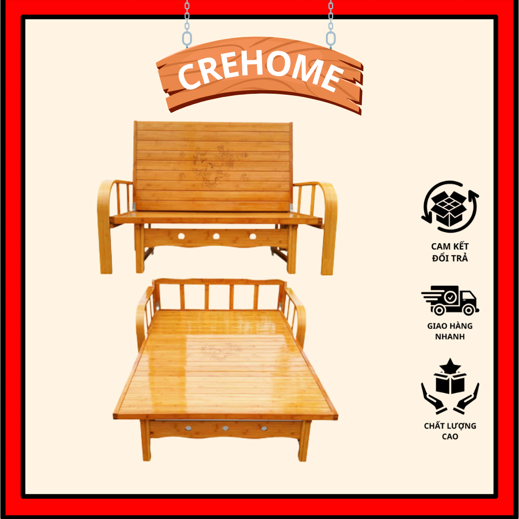Ghế Sofa Tre Gập Ngả Thành Giường Cao Cấp Thông Minh Gấp Gọn, Tặng Gối Hơi, Nệm Màu Ngẫu Nhiên, Chất Liệu Tre Cao Cấp Tự Nhiên