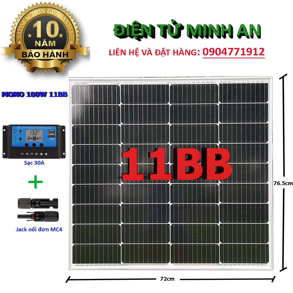 Bộ Pin năng lượng mặt trời mono 11bb công suất 100W sạc bình acquy 12V