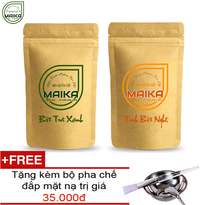 Combo Bột Trà Xanh + Tinh Bột Nghệ - Nguyên Chất MK Farm - (50g/túi) + Tặng Bộ Đắp Mặt