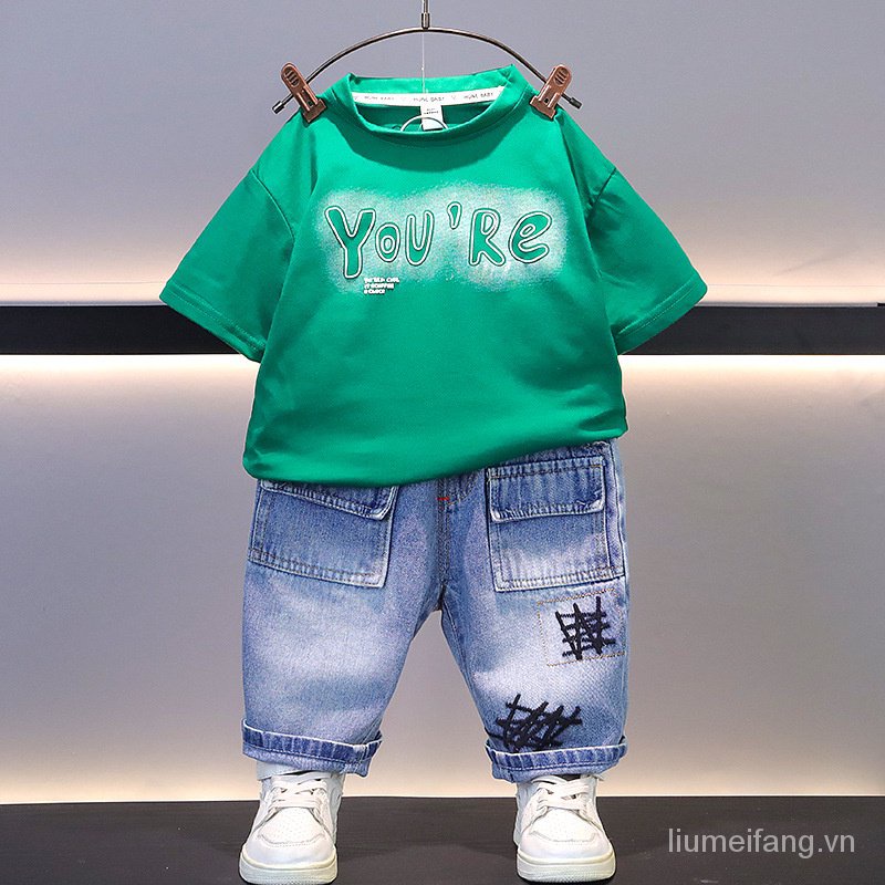 Quick shipment children's clothing boys' summer clothing short-sleeved suit 202 letter T-shirt broken jeans foreign children's casual two-piece set