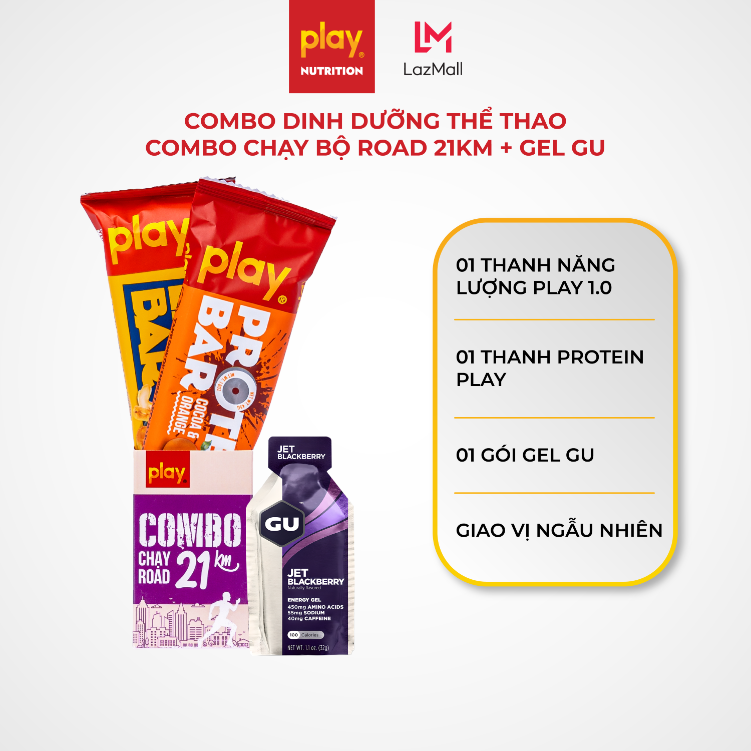 Combo dinh dưỡng thể thao - Thanh năng lượng PLAY, thanh protein PLAY, gel GU - Combo chạy bộ Road 21km