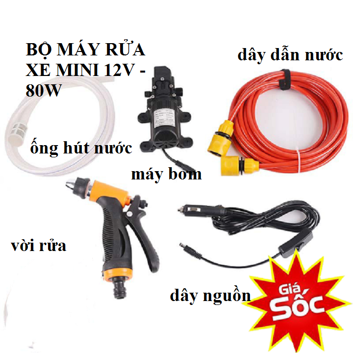 máy rửa xe mini 12v - máy rửa xe tăng áp kèm dây tẩu cắm ô tô