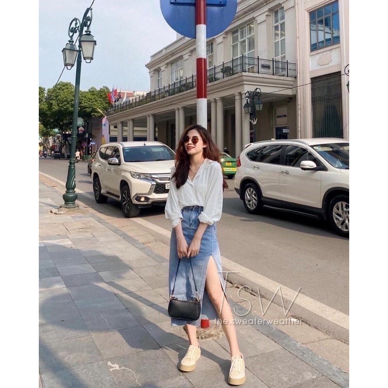 Chân váy bò xẻ vạt tua gấu siêu hot #912