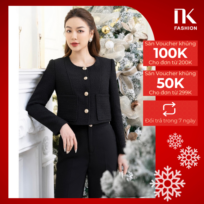 Áo dạ text dáng ngắn nk fashion nkak2211003 thiết kế cổ tròn phối 2 túi thanh lịch chất liệu vải nhập hàn cao cấp